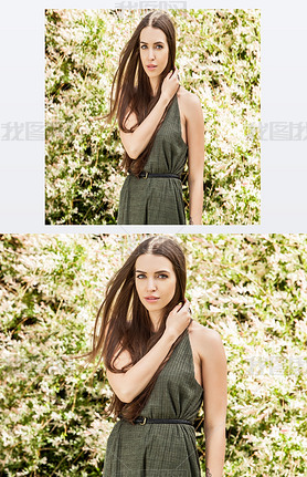 Outdoors portrait of beautiful young woman in fashionable green dress posing in summer garden.