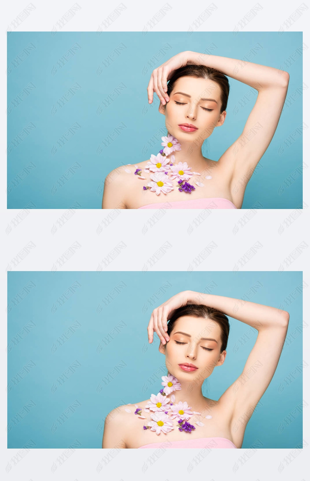 young woman with flowers on neck and closed eyes isolated on blue 