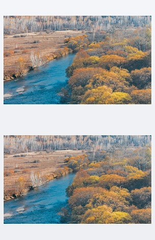 内蒙古有一条河流、一条湖的山景观