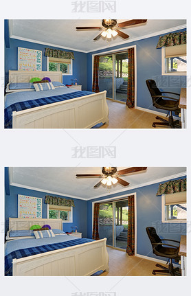 White carved wooden double bed in blue bedroom