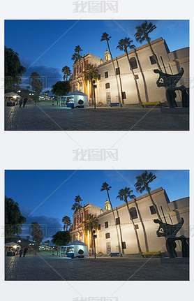 Jaffa, Old City, Israel, Middle East: the night skyline with view of St. Peter's Church, a Francisca