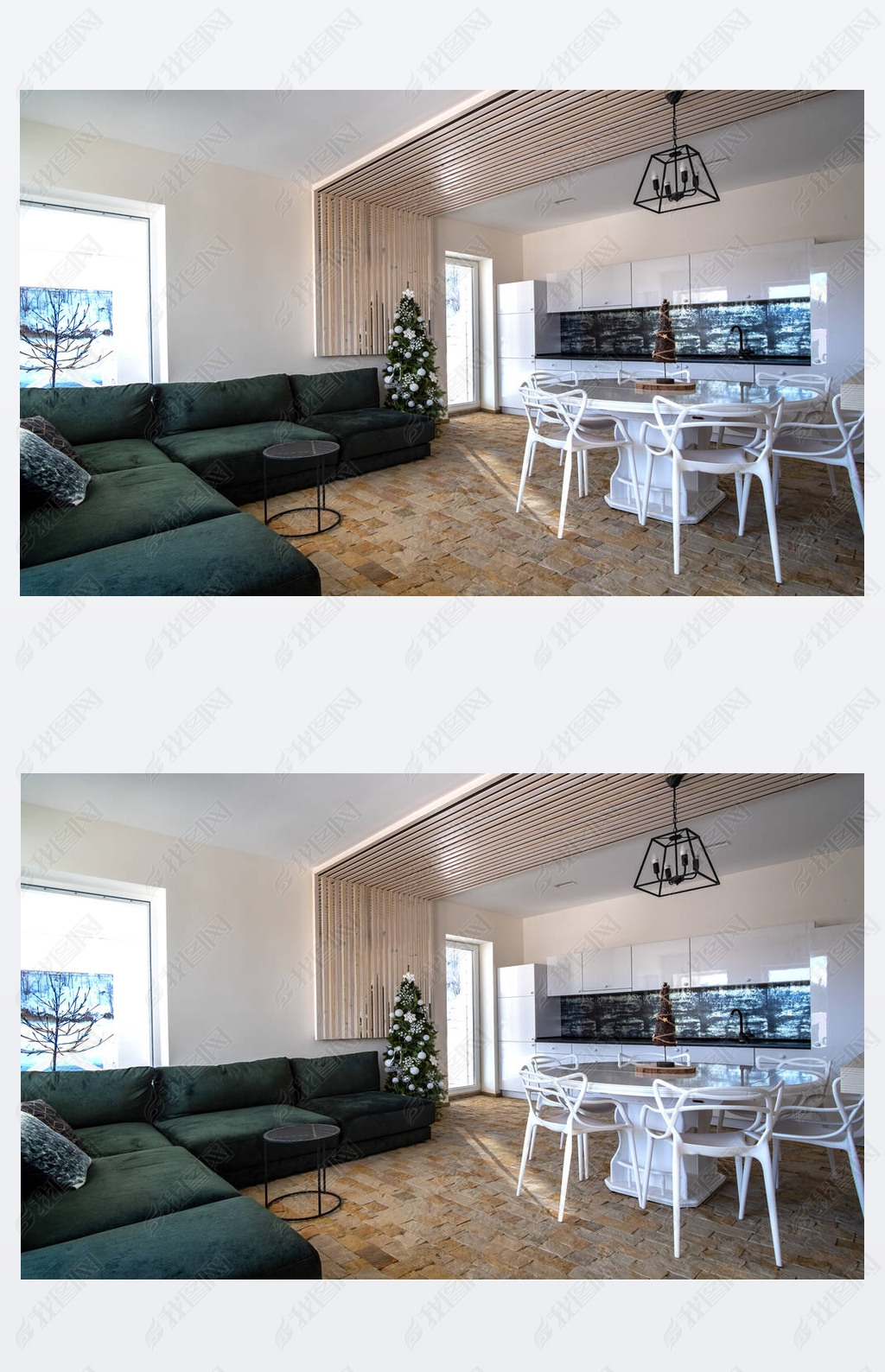 Interior of modern spacious kitchen with white walls, decorative