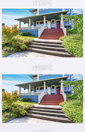 Wooden walkout porch of craftan American house in blue tones