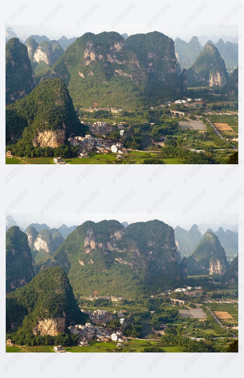 Guilin village at sunset from Moon Hill mountain. Yangshuo, China, Asia