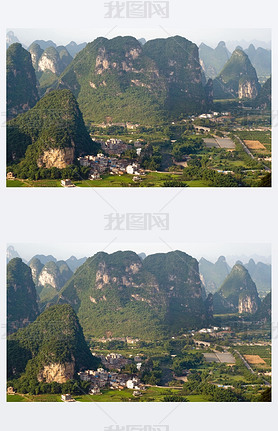 Guilin village at sunset from Moon Hill mountain. Yangshuo, China, Asia