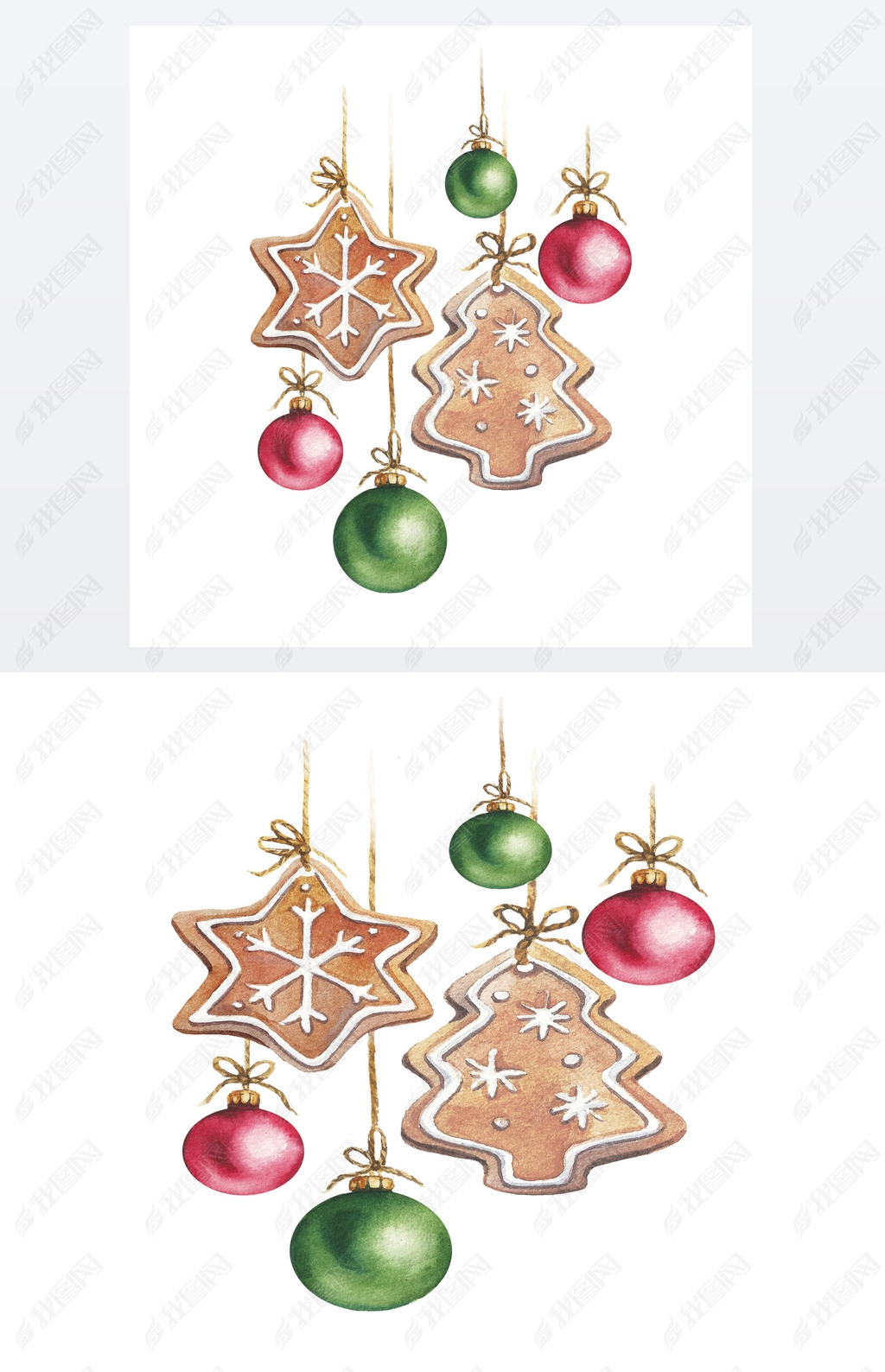 Watercolor Christmas gingerbread cookies a star and a Christmas tree with Christmas balls red and gr