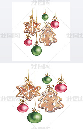 Watercolor Christmas gingerbread cookies a star and a Christmas tree with Christmas balls red and gr