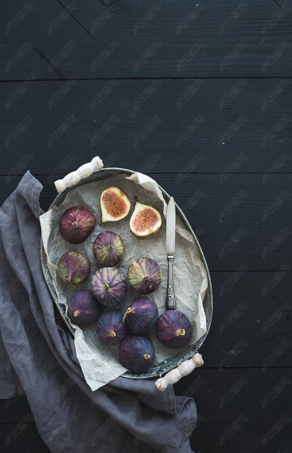 Vintage metal tray of fresh figs