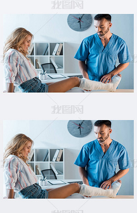 handsome orthopedist looking at fractured leg of woman 