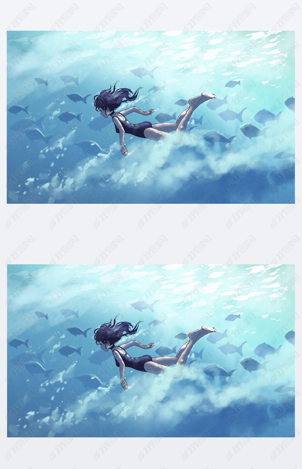 原创与一群鱼一起在海里潜水的年轻女子,数码艺术风格,插图绘画
