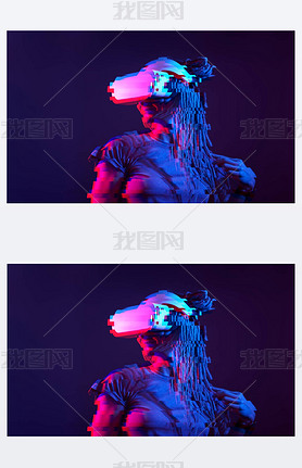 Woman is using virtual reality headset. Neon light studio portrait. Image with glitch effect.