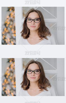 Headshot of lovely young female model in transparent glasses, has dark hair, dressed in casual cloth