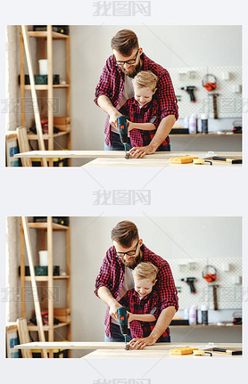 Delighted little boy in casual clothes laughing and helping father to drill hole while assembling fu