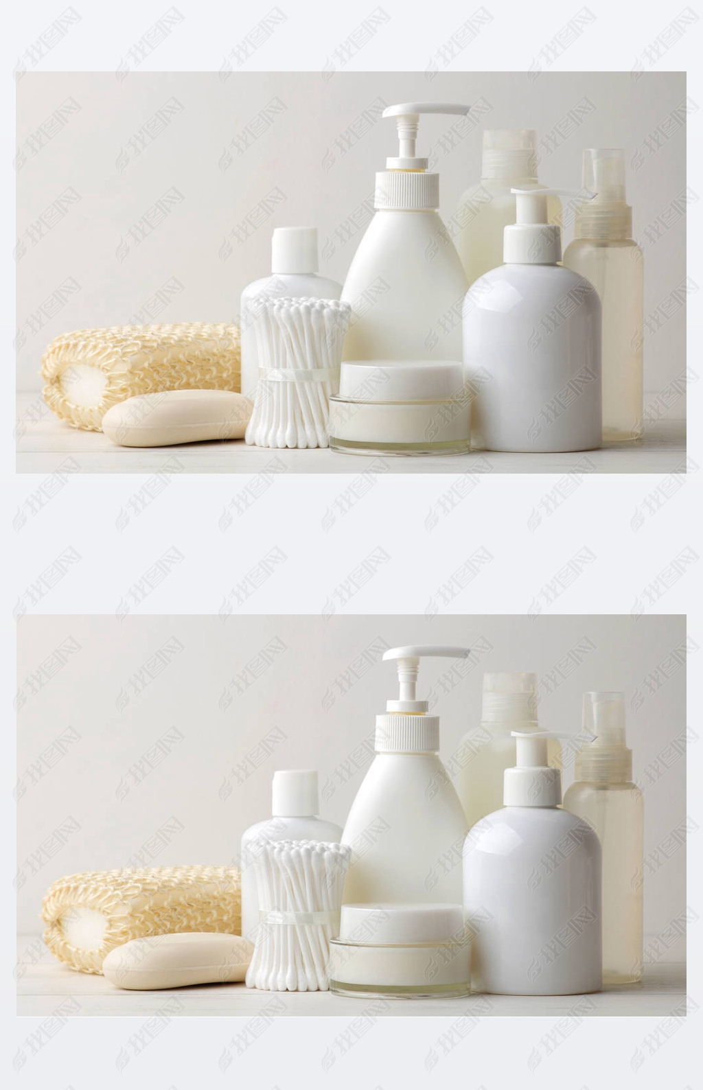个人卫生用品身体护理化妆品浅色背景上的白色瓶子和小瓶温泉放松