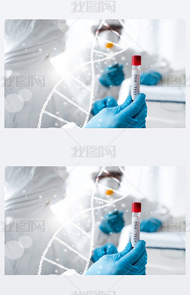 selective focus of scientist and her african american colleague doing dna test near dna illustration