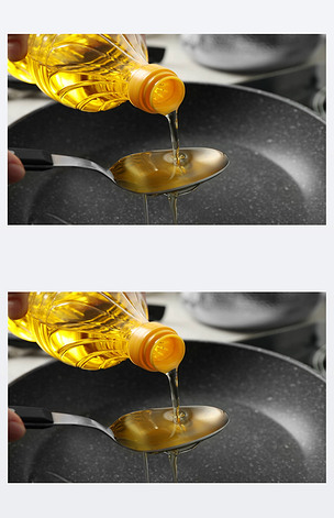 女人把食用油从瓶子倒进勺子里特写镜头