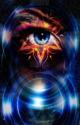 Goddess Woman eye and oriental ornamental mandala in coic space.