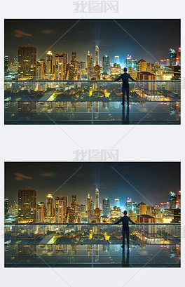 原创商人站在透明的玻璃地面上俯瞰城市全景版权可商用