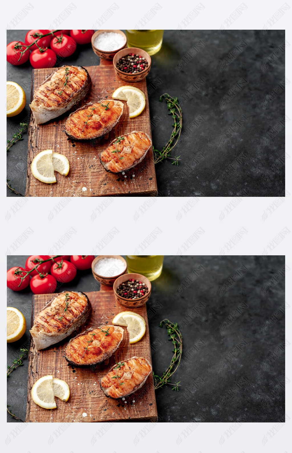 Three grilled salmon steaks with spices, lemon and tomatoes on a stone background