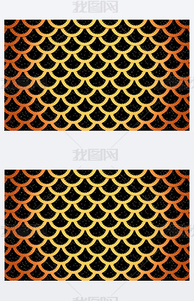 Golden fish scales on black cells pattern marine background horizontal 3D illustration