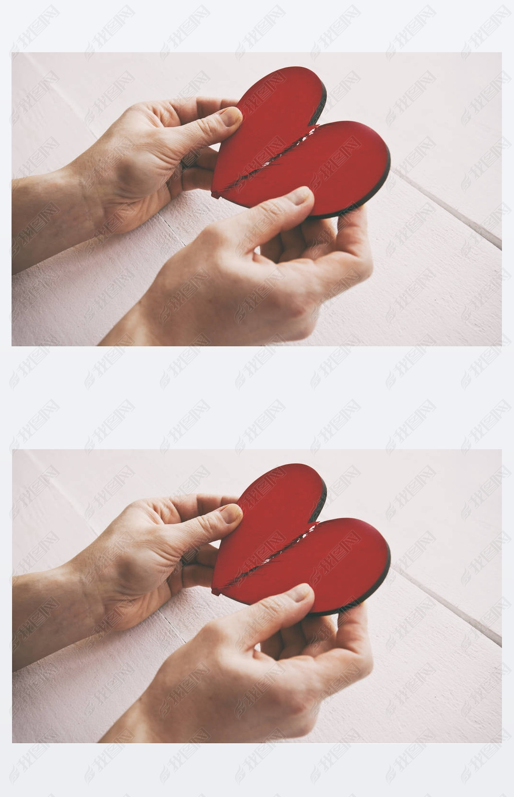 The broken red wooden heart in woman's hands