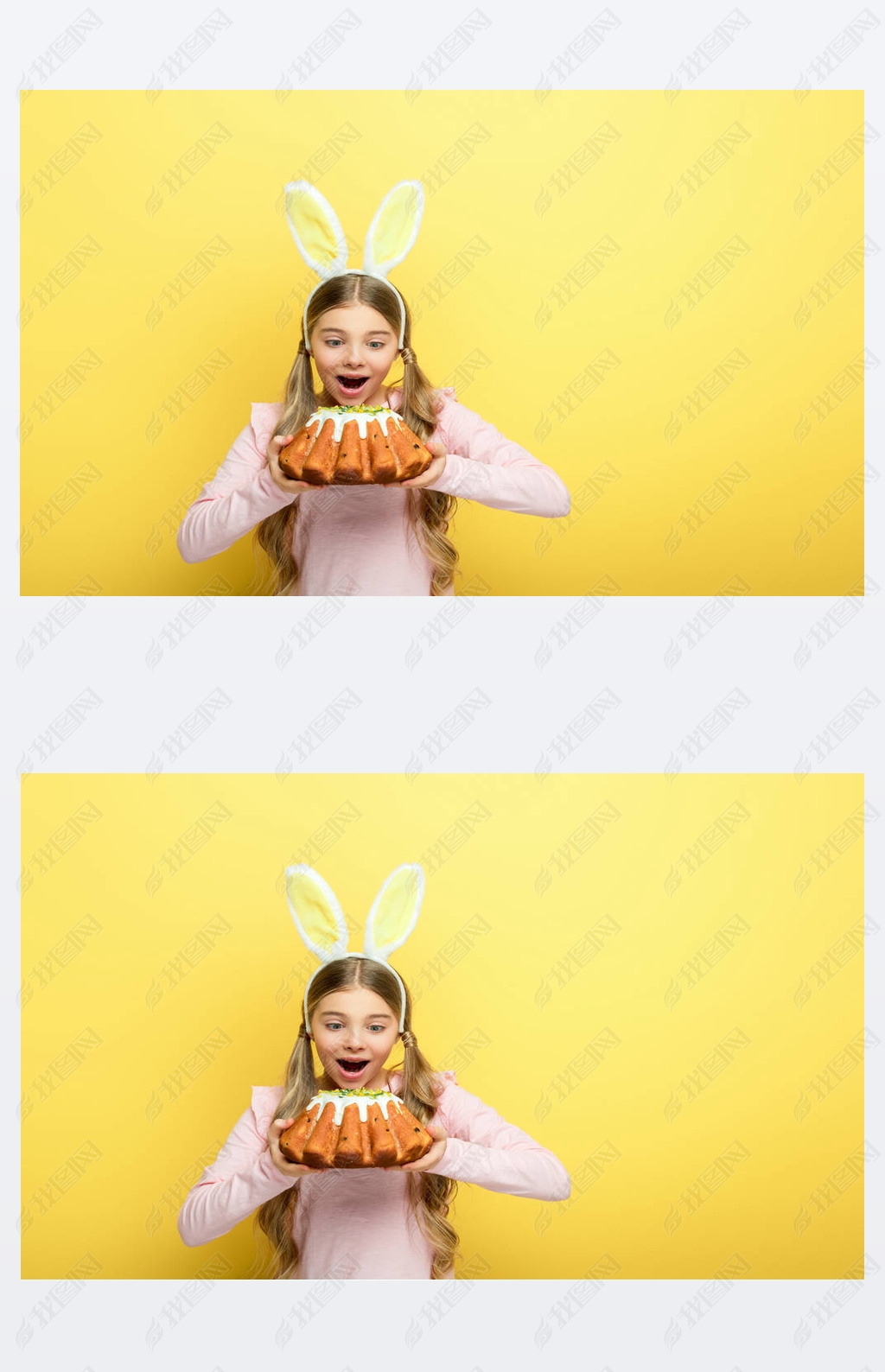 shocked kid with bunny ears holding easter cake isolated on yellow 