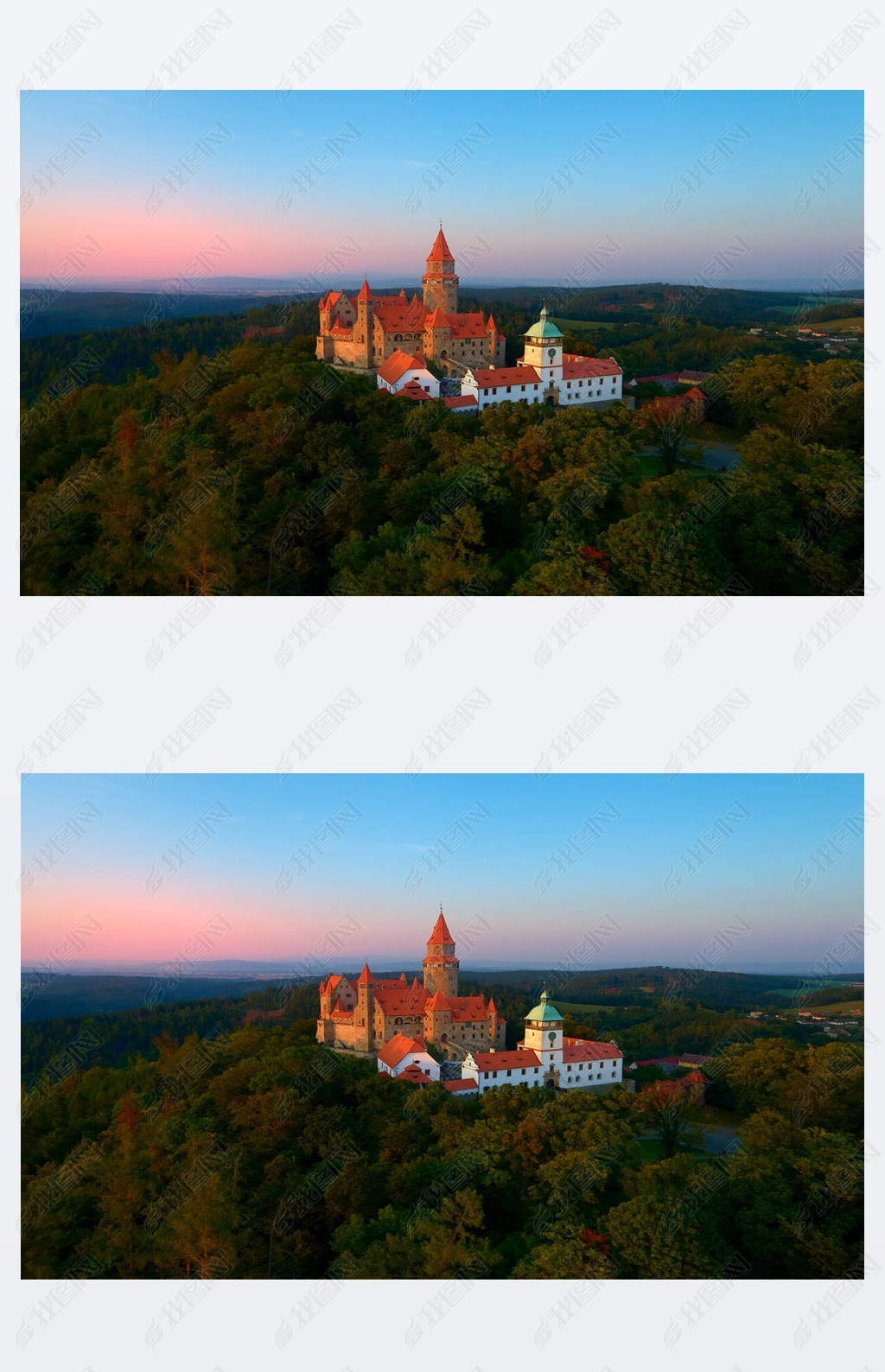 在高地景观的山高被树木包围的浪漫童话城堡的鸟瞰图哥特式城堡高塔