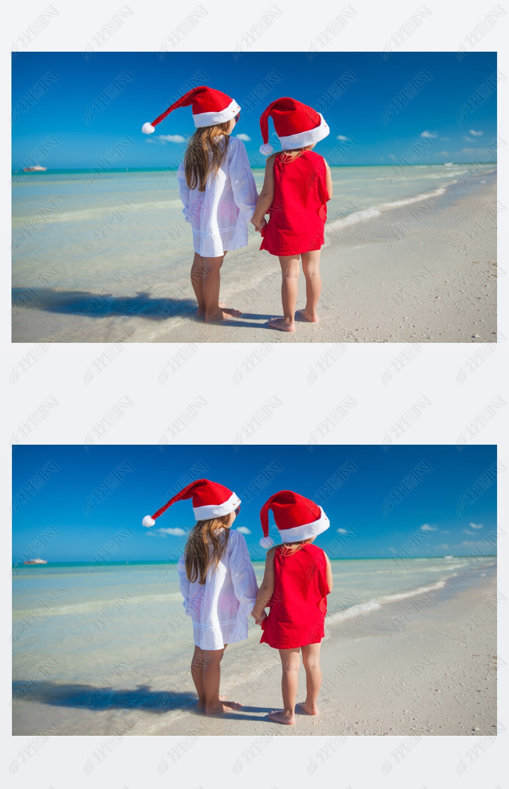 Back view of Little cute girls?in Christmas hats on the exotic beach