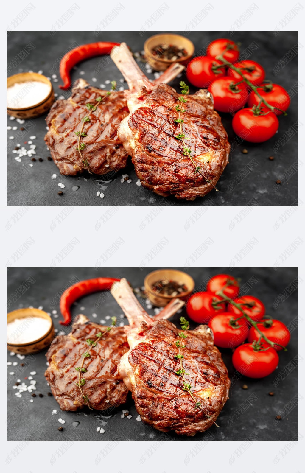 grilled beef steaks - tomahawk with tomatoes and red pepper on a stone background