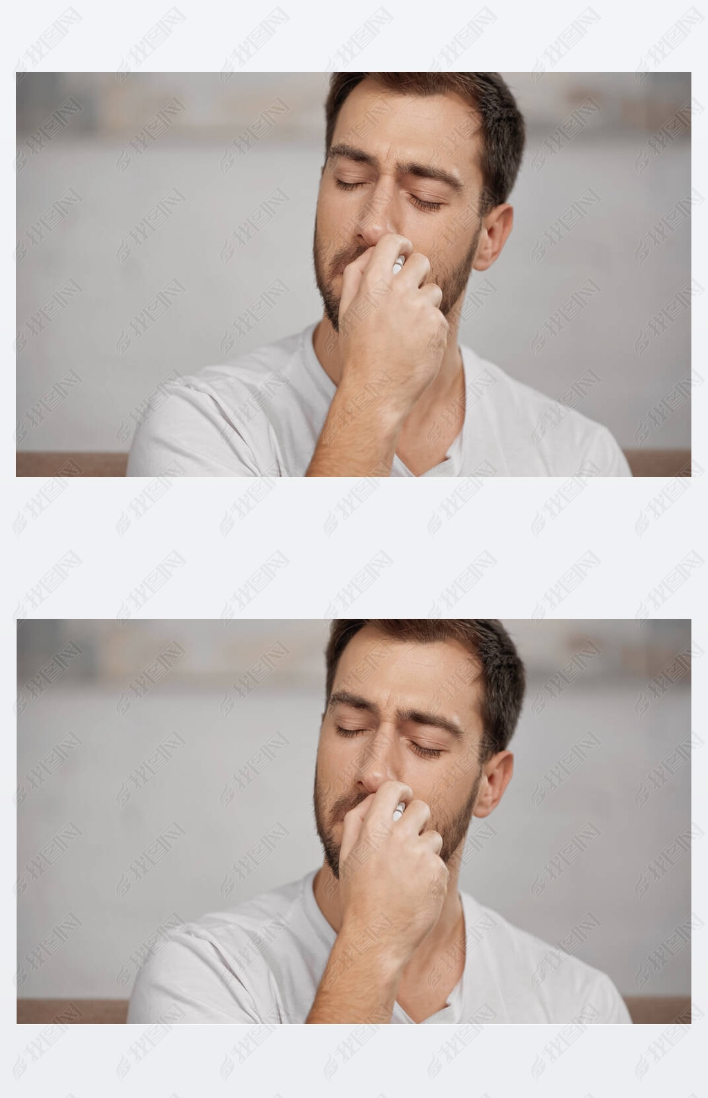 allergic man in white t-shirt using nasal spray at home 
