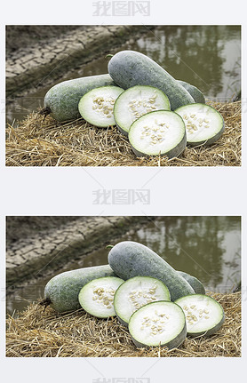 Winter melon is cut into pieces on the straw.