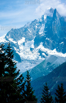 Snow Alps peaks high above the forest