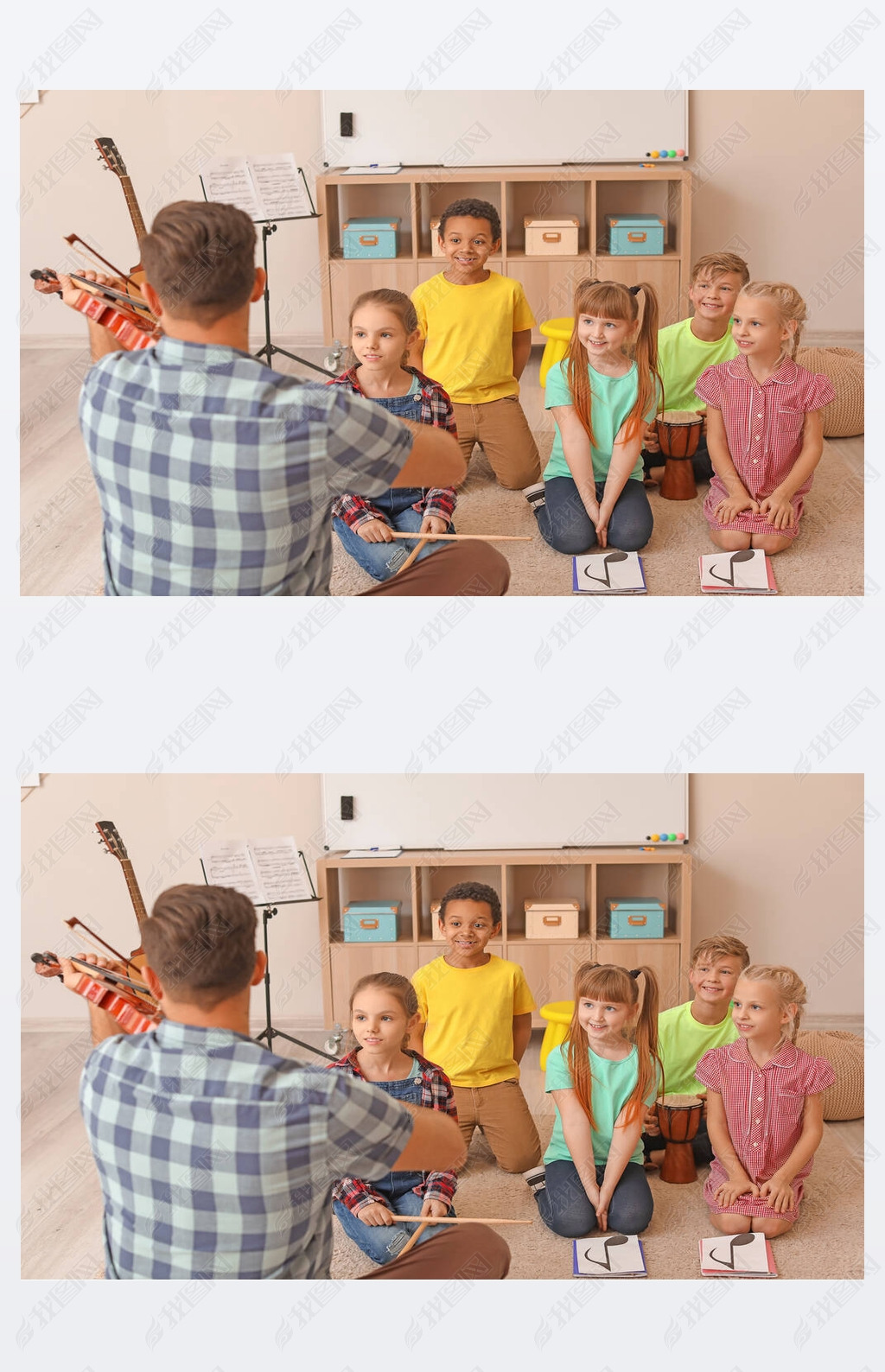 Teacher giving music lessons at school