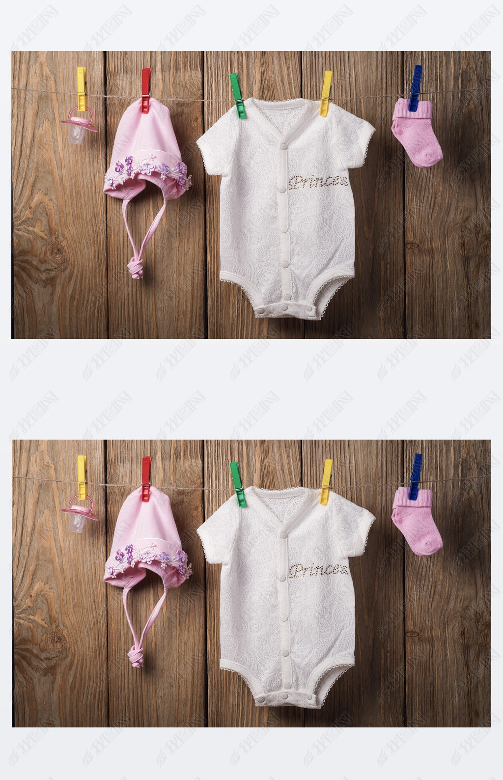Baby clothing hanging on the clothesline on a wood background