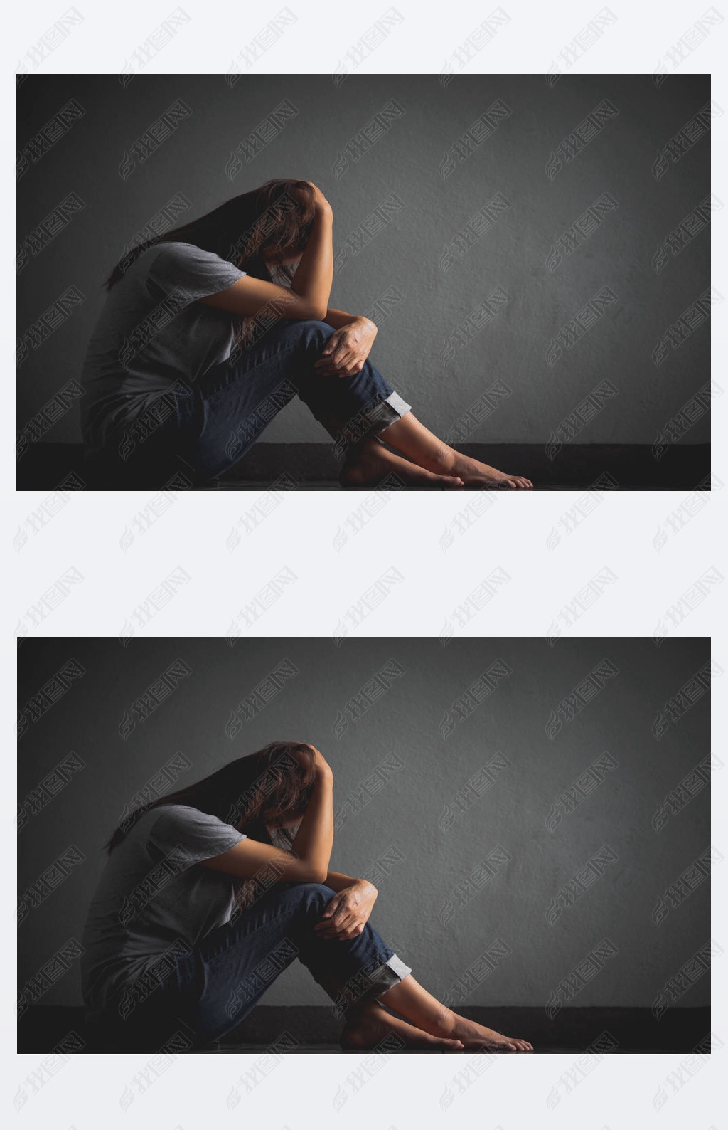 悲伤的女人抱着她的膝盖和哭泣悲伤的女人独自坐在空荡荡的房间