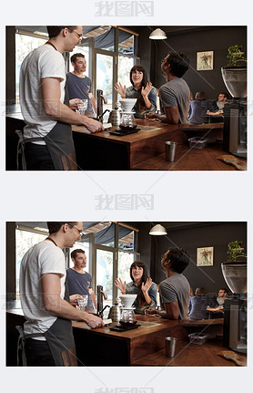 woman talking with colleagues and gesturing with hands