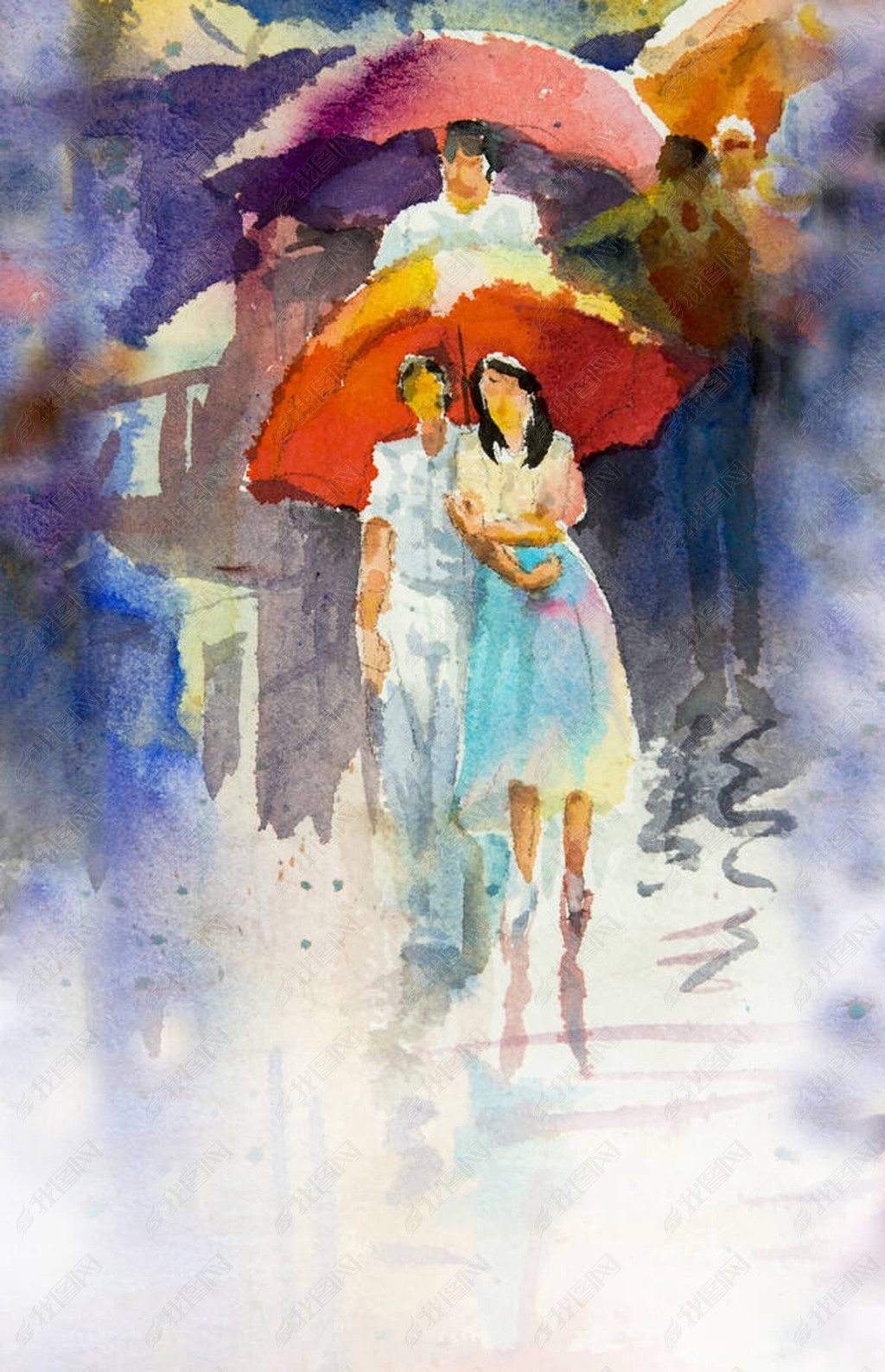 雨天多彩的水彩画人们在街上散步男人女人恋人在明亮的雨季带着红色的
