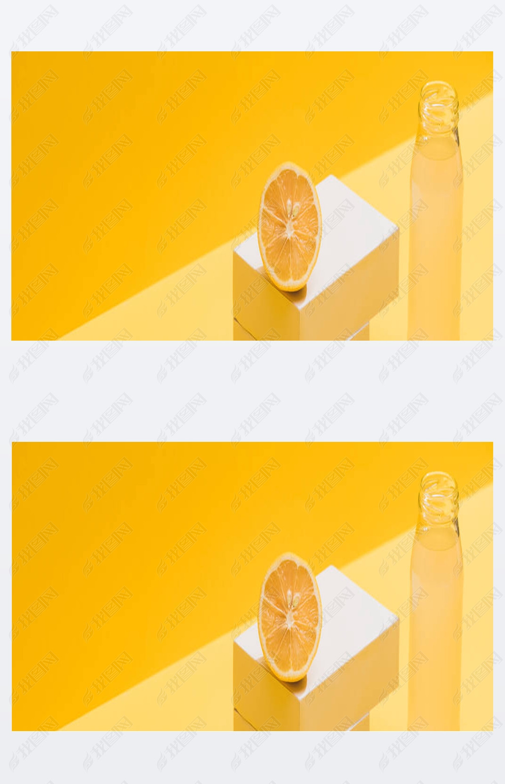 fresh juice in bottle near lemon and white cubes on yellow background, panoramic shot