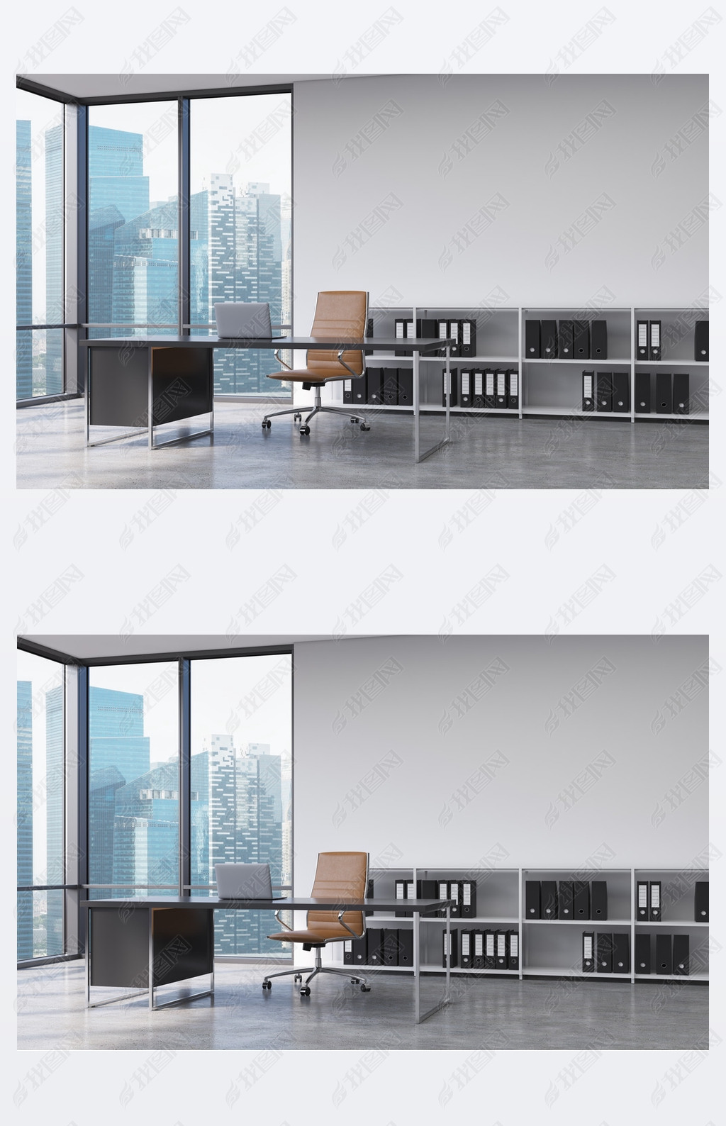 A CEO workplace in a modern corner panoramic office with Singapore city view. A black desk with a la