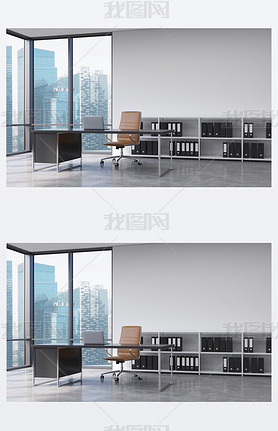 A CEO workplace in a modern corner panoramic office with Singapore city view. A black desk with a la