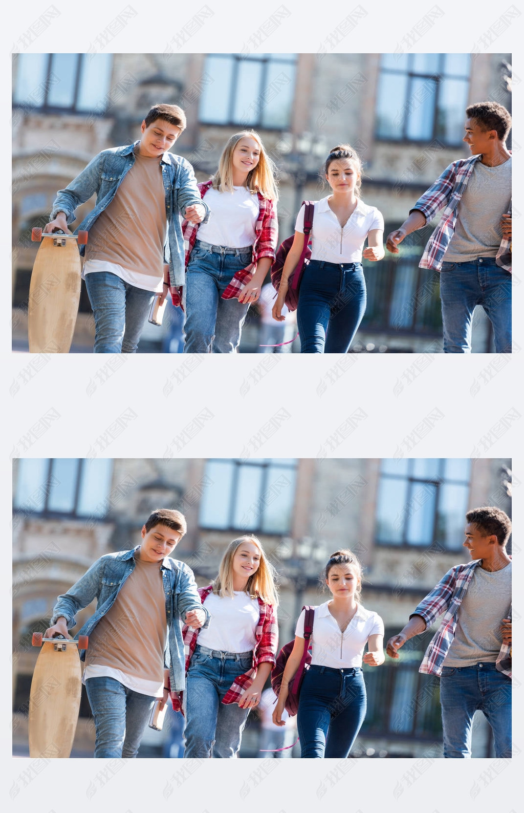 原创一群快乐的多民族青少年与背包一起步行与旧学校建筑背景版权可