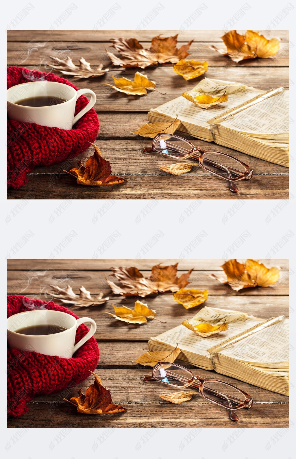 Hot coffee, vintage book, glasses and autumn lees on wood