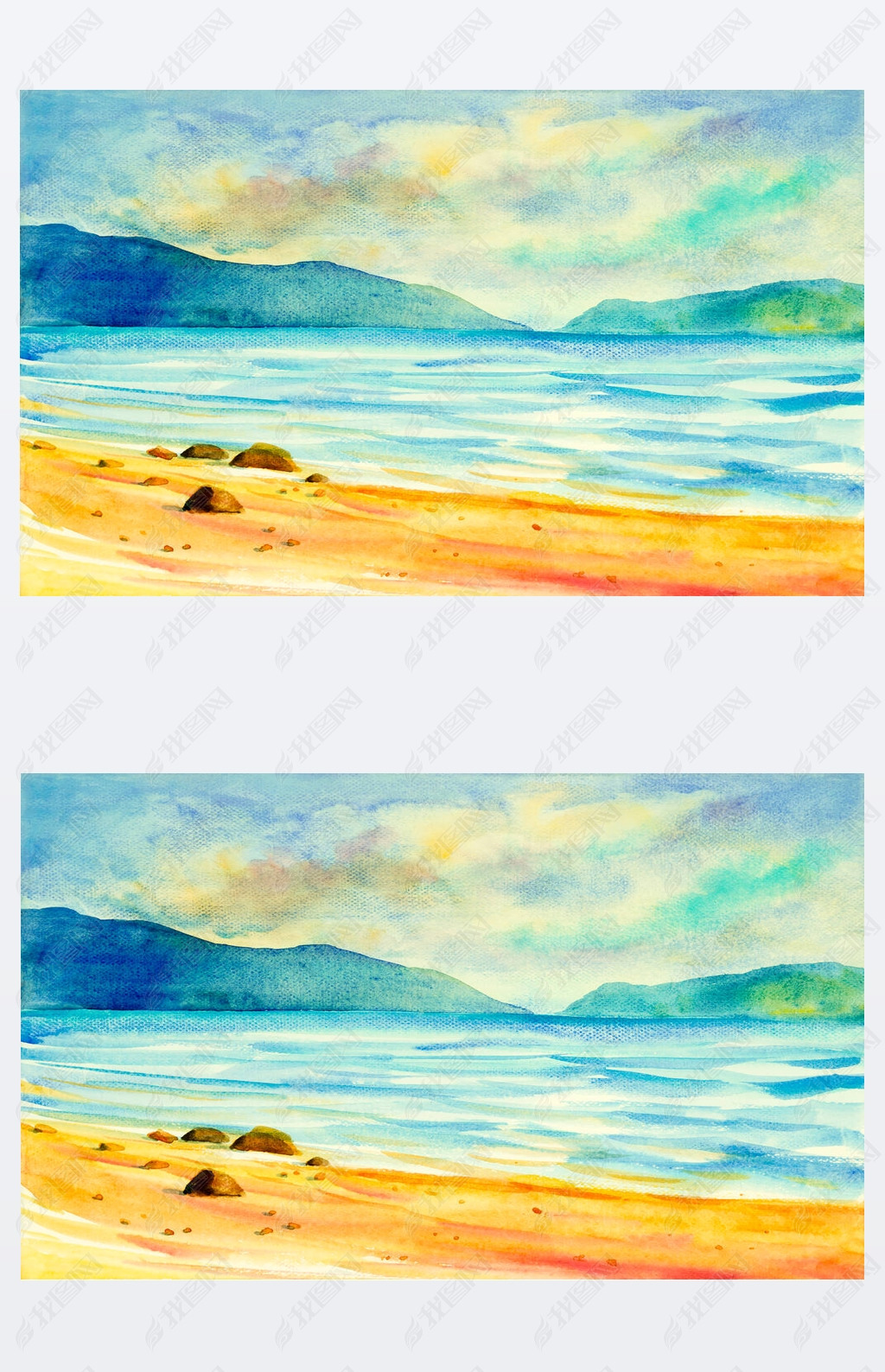 水彩画原色的海景色彩艳丽的海景海滩和天空的云彩晨曦明亮手绘插图