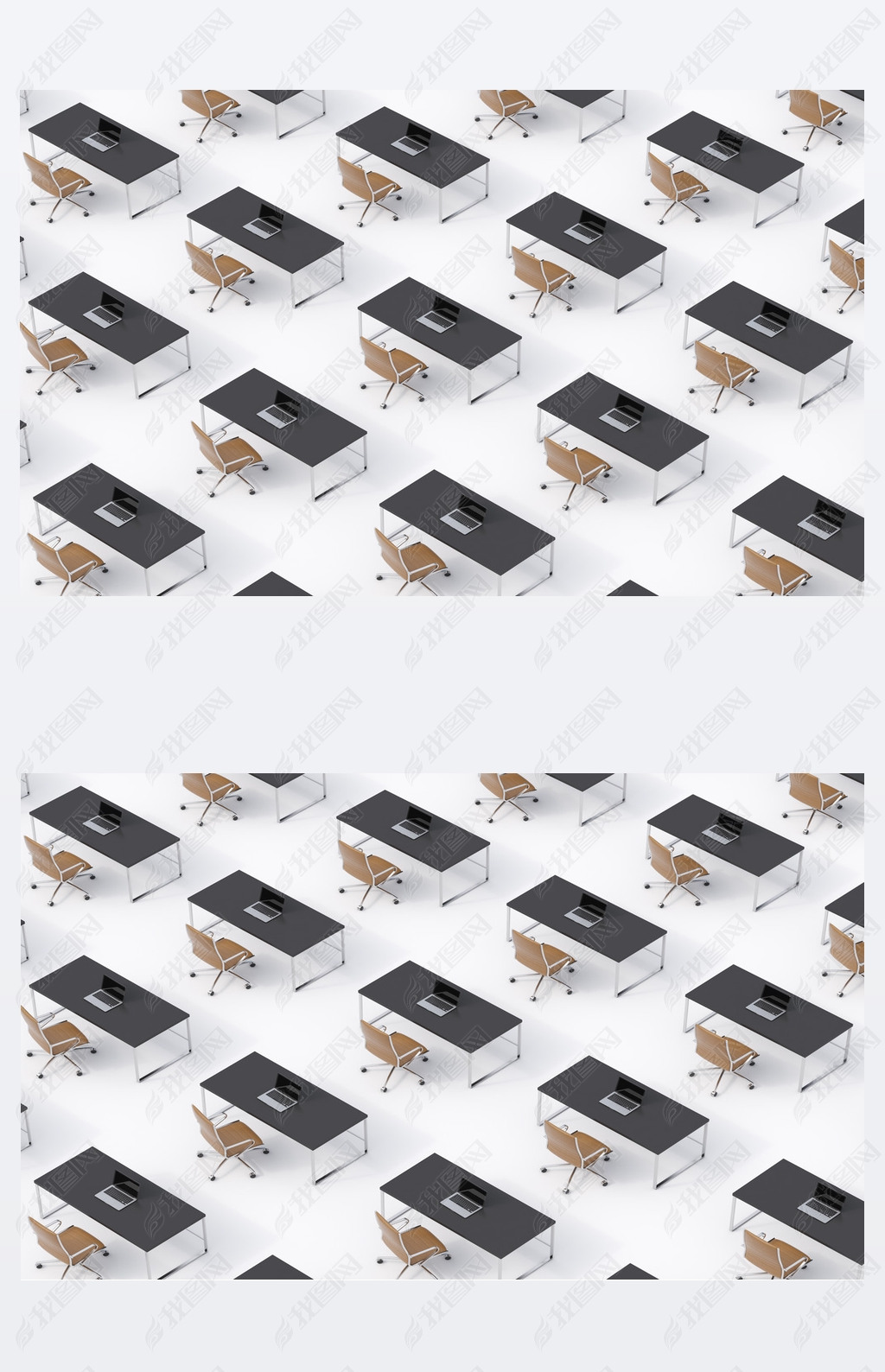 A top view of the symmetric corporate workplaces on white floor. A concept of corporate life in a hu