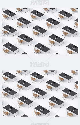 A top view of the symmetric corporate workplaces on white floor. A concept of corporate life in a hu