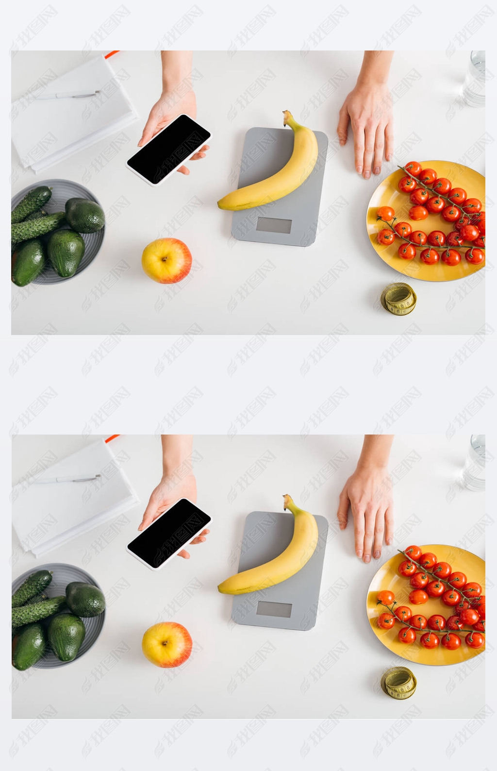 Top view of girl holding artphone while weighing banana on kitchen table, calorie counting diet