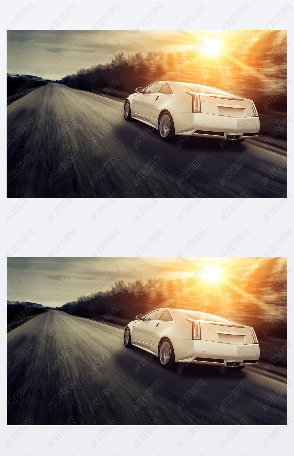 Car drive speed fast on the road at sunset cadillac