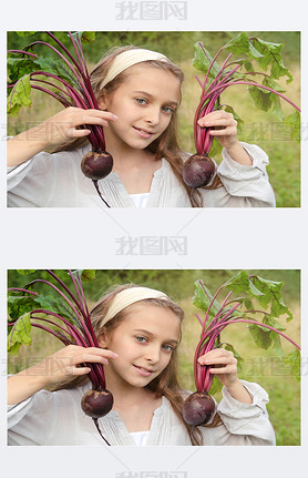 white girl of 10 years old holds 2 beets in her hands on a background of greenery