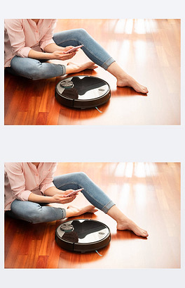 女性使用自动真空吸尘器清洁地板,用智能手机控制智能机器家务机器人
