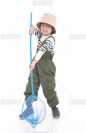 Cute Asian child holding catching net on white background isolated